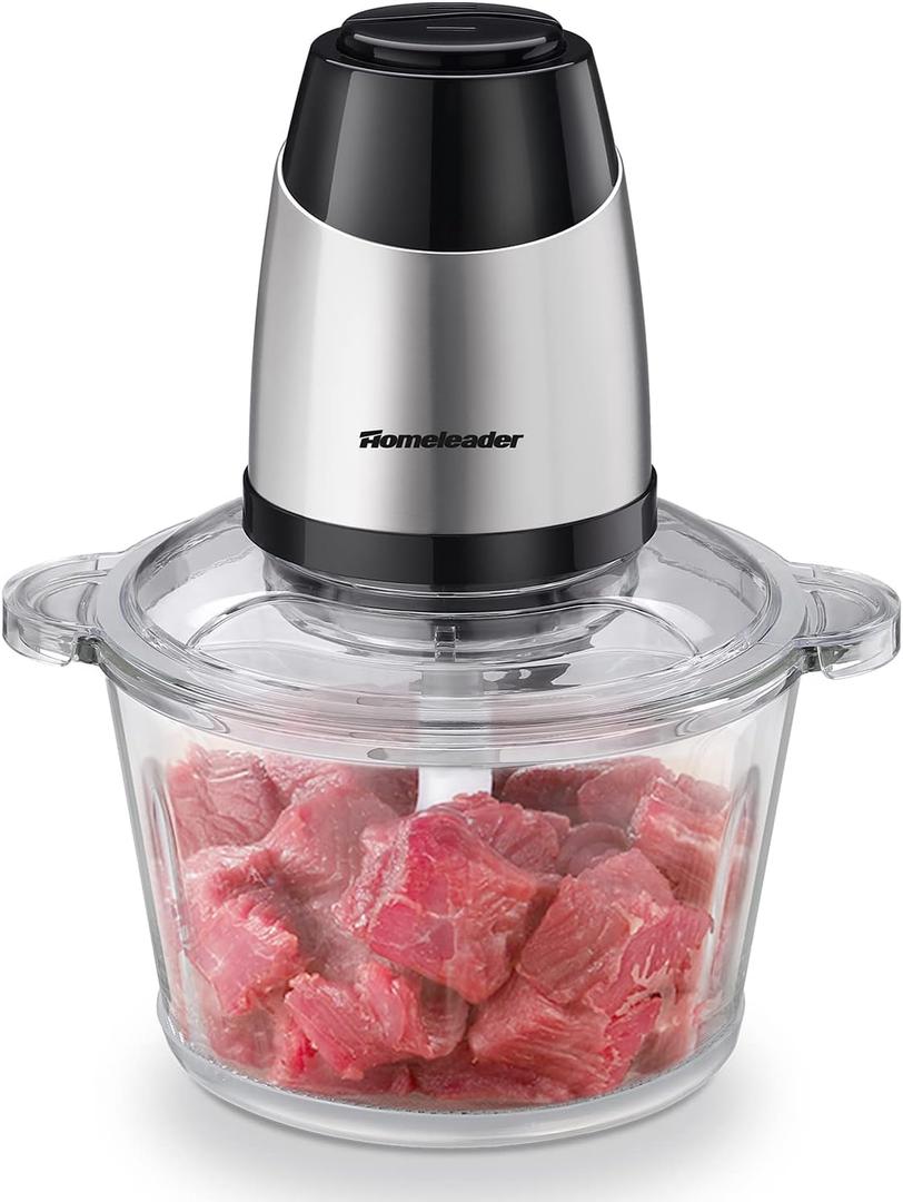 Homeleader Electric Food Chopper, 300W Stainless Steel Blade, Food Processor with 2L Glass Bowl, 2S Fast Shredding for Meat, Vegetables, Fruits and Nuts, Dishwasher Safe, Quiet Motor with 4 Blades (8cup)