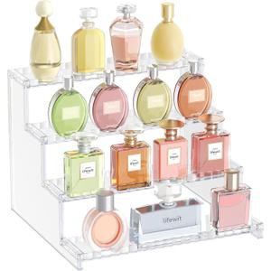 Lifewit 4 Tier Clear Display Riser Stand with Decorative Secure Fences, Tool-free Assembly, Plastic 12 Inch Perfume Organizer, Display for Figures, Cupcake, Dessert, 1-pack
