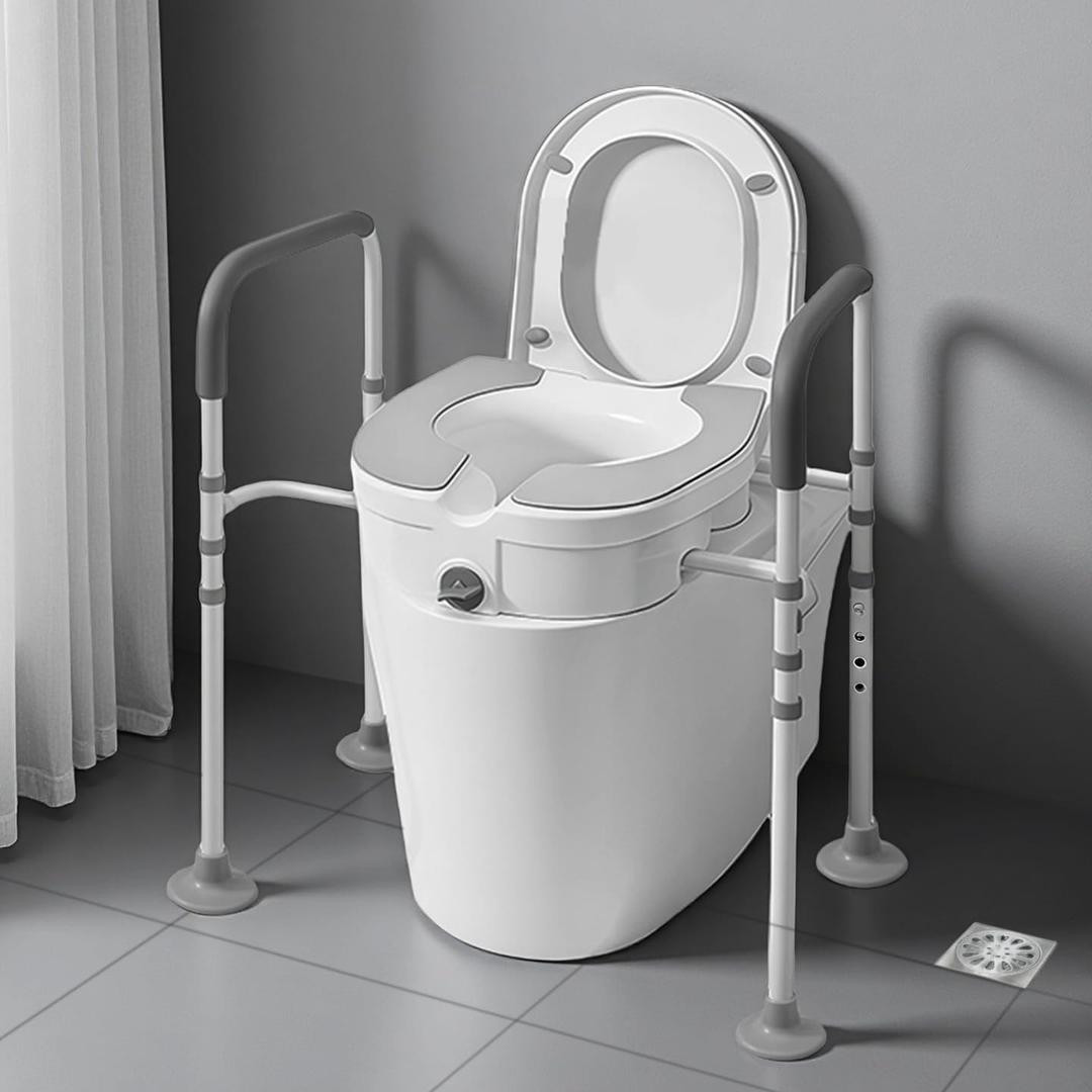 Raised Toilet Seat with Handles 4-Legged Adjustable Toilet Riser for Seniors, Thickened Aluminum Alloy Frame, Non-Slip Safety Rails, Enhanced Stability (Grey & White)