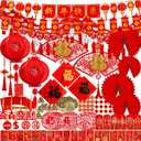 Winlyn Chinese New Year Party Decorations Red Lanterns Paper Fans Red Envelopes Hong Bao Coins Oriental Lucky Garland Chinese Knot Tassel FU Character Paper Cutting for Asian Lunar New Year 2026 Decor