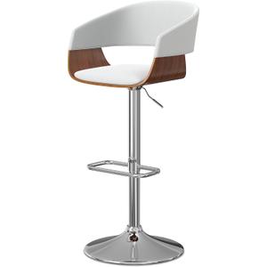 SIMPLIHOME Lowell Adjustable Swivel Bar Stool - 33 inch Seat Height Upholstered Metal Chair in White Faux Leather, Mid Century Seating for Kitchen or Bar with Curved Bentwood Back