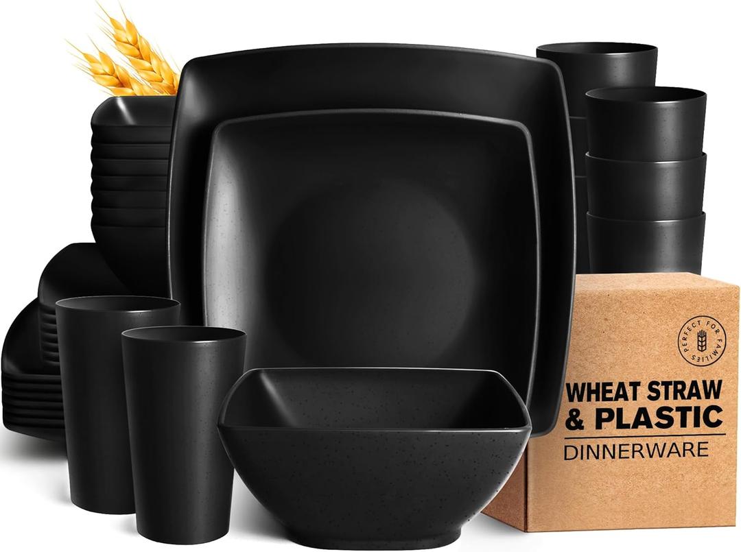 Teivio 32-piece Plastic Wheat Straw Square Dinnerware Set for 8, Unbreakable Dinner Plates, Salad Plates, Snack Bowls, Tumblers 20 oz, Dishwasher Safe, Black Matte