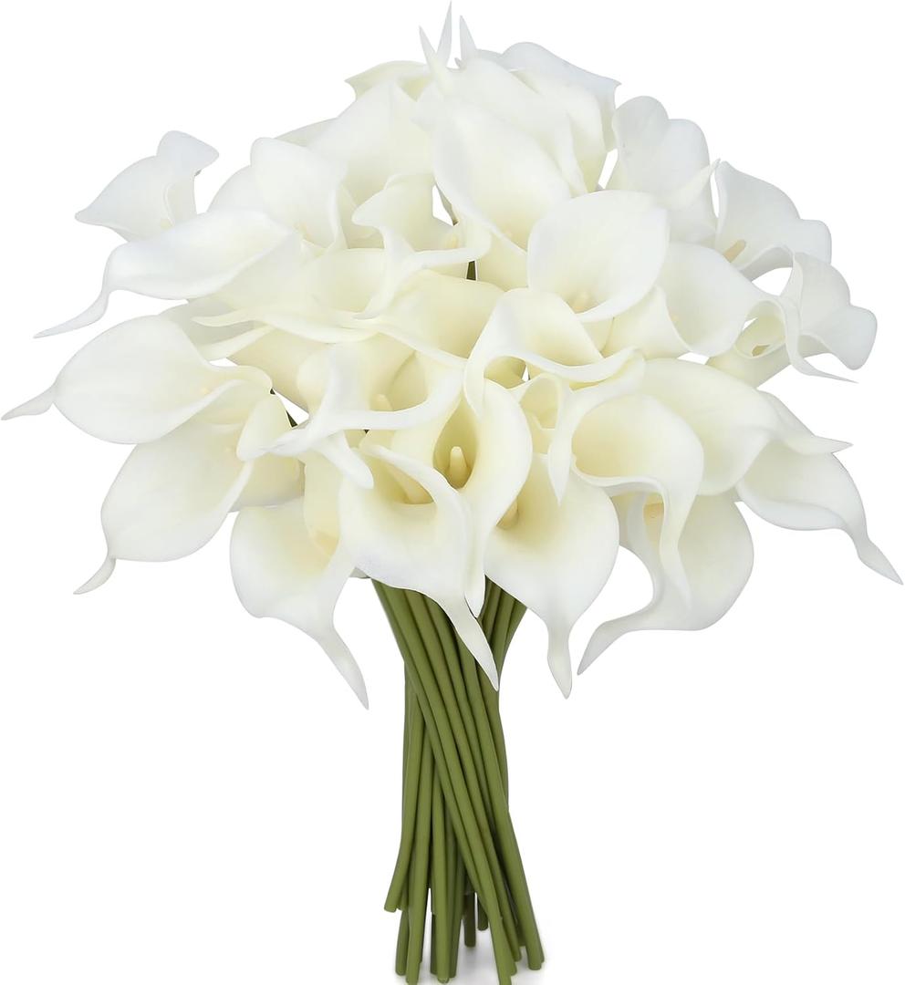 24 Pcs White Artificial Calla Lily Flower White Fake Silk Flowers Real Touch for Wedding Bouquet Office Home Kitchen Decor