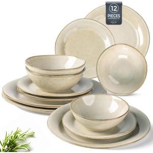 AmorArc Ceramic Dinnerware Sets, Handmade Stoneware Reactive Glaze Plates and Bowls Set, Scratch Resistant | Dishwasher & Microwave Safe Dishes Set, Service for 4 (12pc) (Cappuccino)