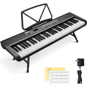 61 Keys Compact Keyboard Piano with Foldable Mini Stand, Built-in 255 Sounds, 255 Rhythms, 24 Demos, Includes Sheet Music Stand, Note Stickers & Power Supply, Gift for Beginners, Black