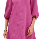 Wenrine Women's 3/4 Sleeve Mini Dress Casual V Neck Collared Textured Loose Fall A Line Argyle Dresses with Pockets