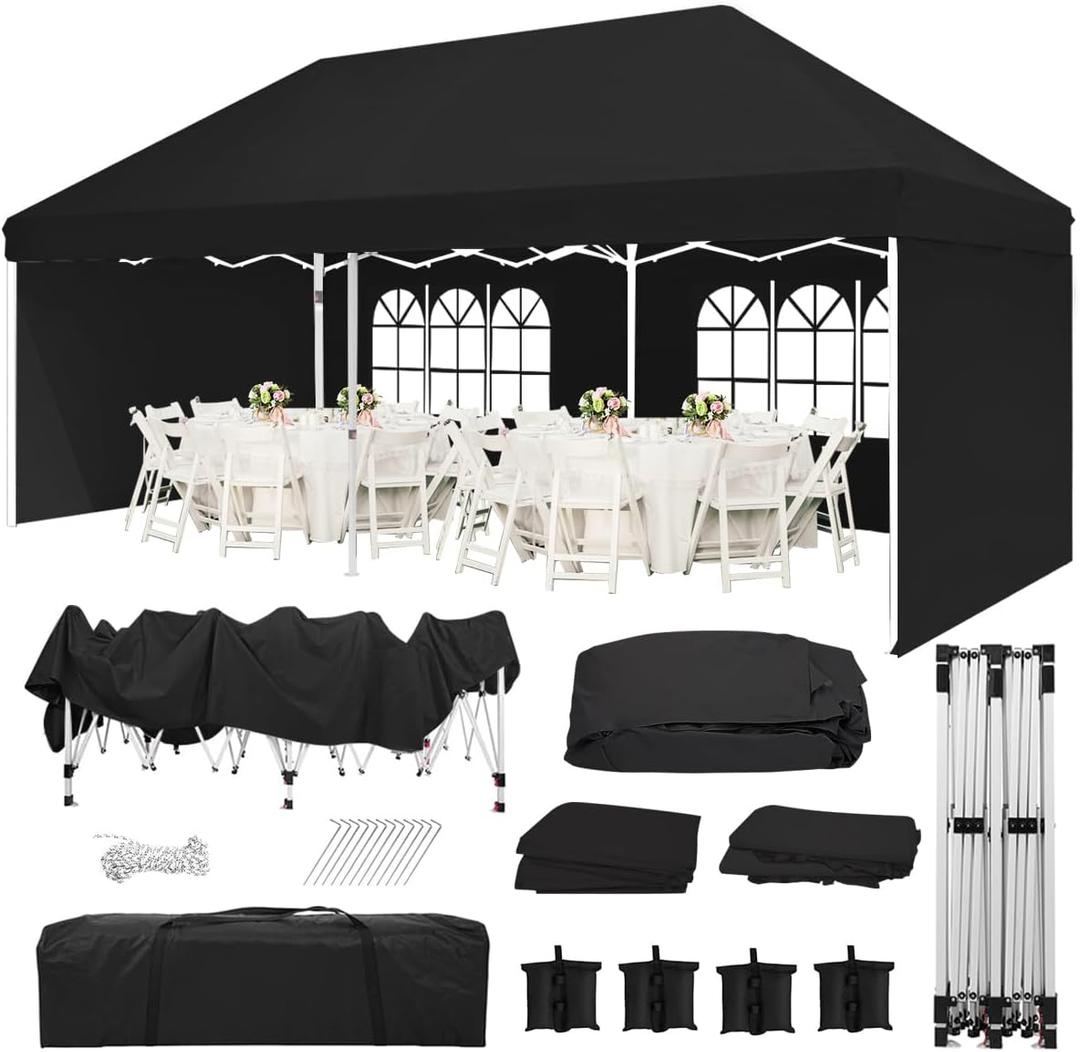 Eachbid 10x20 Pop Up Canopy Gazebo with 4 Removable Sidewalls, Windows, Carry Bag, Portable Waterproof Outdoor Tent, Commercial Instant Gazebo Tent for Patio/Outdoor/Wedding Parties and Events (Black)