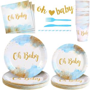 176PCS Baby Shower Plates Boy Baby Shower Decorations Dusty Blue Party Supplies,Oh Baby Boy Shower Plates and Napkins Banner Forks,Baby Boy Decor Tableware 25 Guests
