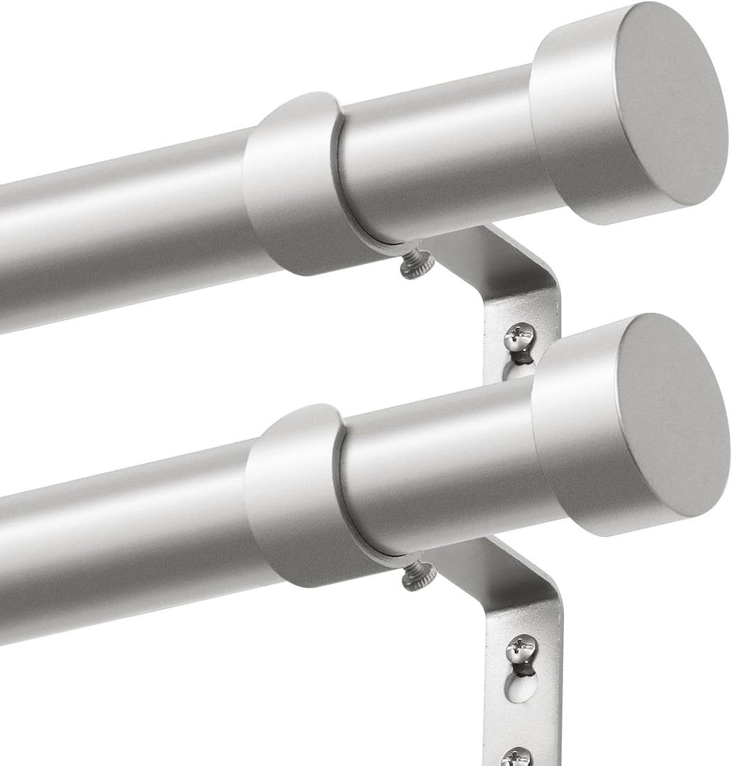 KAMANINA Curtain Rods 2 Pack, Heavy Duty Curtain Rods for Windows 28 to 48 Inch, 1 Inch Silver Modern Drapery Rod with End Cap (32"-58", 2Pack)