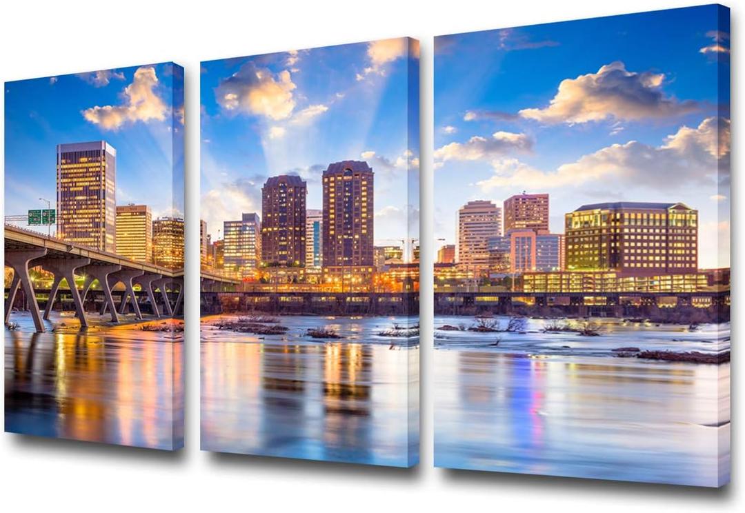 TUMOVO 3 Piece Canvas Wall Art for Living Room - Richmond, Virginia, USA Downtown Skyline on The James River - Modern Home Decor Stretched and Framed Ready to Hang - 24'' x 12'' x 3 Panels