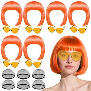 PLULON 6 Pack Orange Bob Wig with Heart Sunglasses and Hair Cap for Women, Colorful Cosplay Costume Neon Short Bob Wigs Funny Hairpieces Daily Bachelorette Halloween Costume Party Decorations