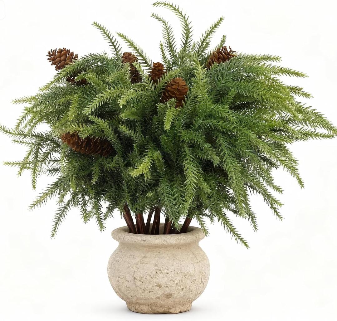 12PCS Norfolk Pine Stems, Christmas Greenery Stems - Artificial Faux Norfolk Pine Branches with Big Pinecones, Real Touch Evergreen Greenery for DIY Crafts, Indoor Outdoor Home Garden Vase Table Decor
