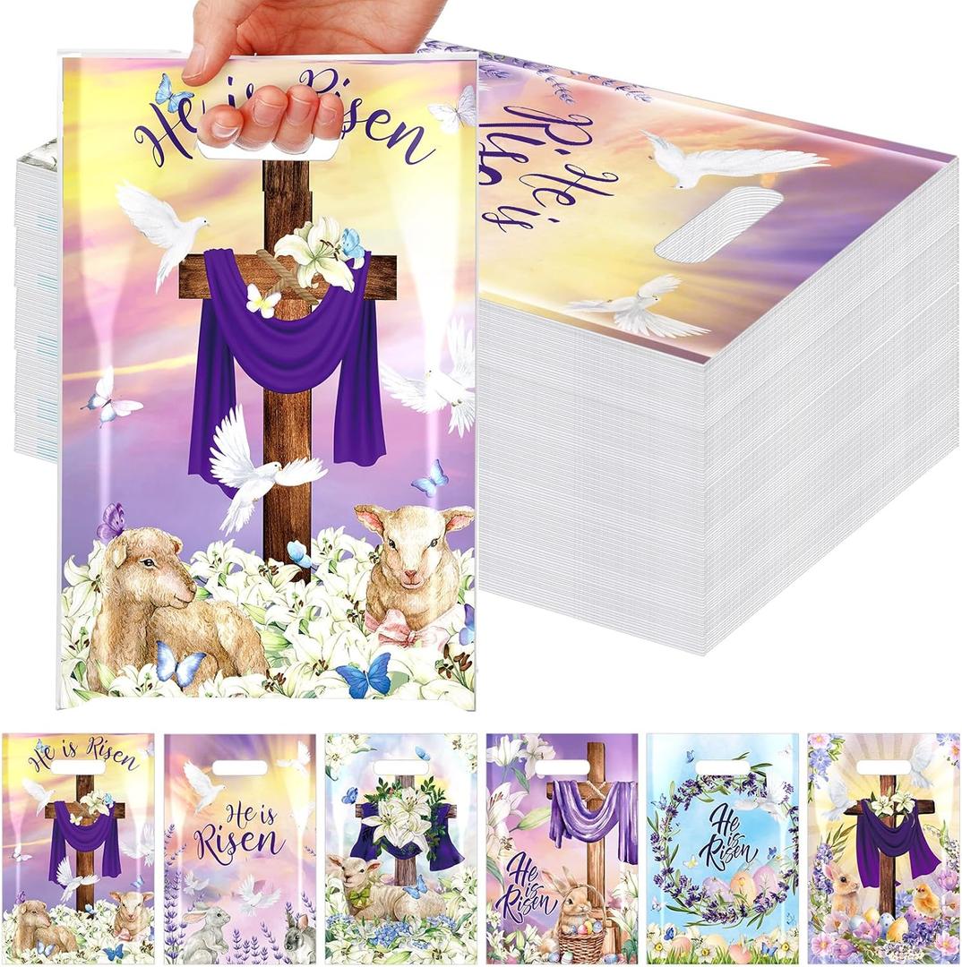 Kolldenn 120 Pcs Easter Bags Bulk He Is Risen Party Favor Treat Bags Easter Religious Cross Bunny Plastic Gift Packages with Handles Goodie Packaging for Theme Bible School Hunt Party Supplies