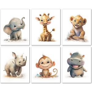 Wodkwq Nursery Wall Art Safari Animal Canvas Prints Baby Girl Boy Room Decor Poster Pictures Cute Jungle Theme Toddler Room Decoration Painting Set of 6 for Kids Bedroom Bathroom 12x16in Unframed