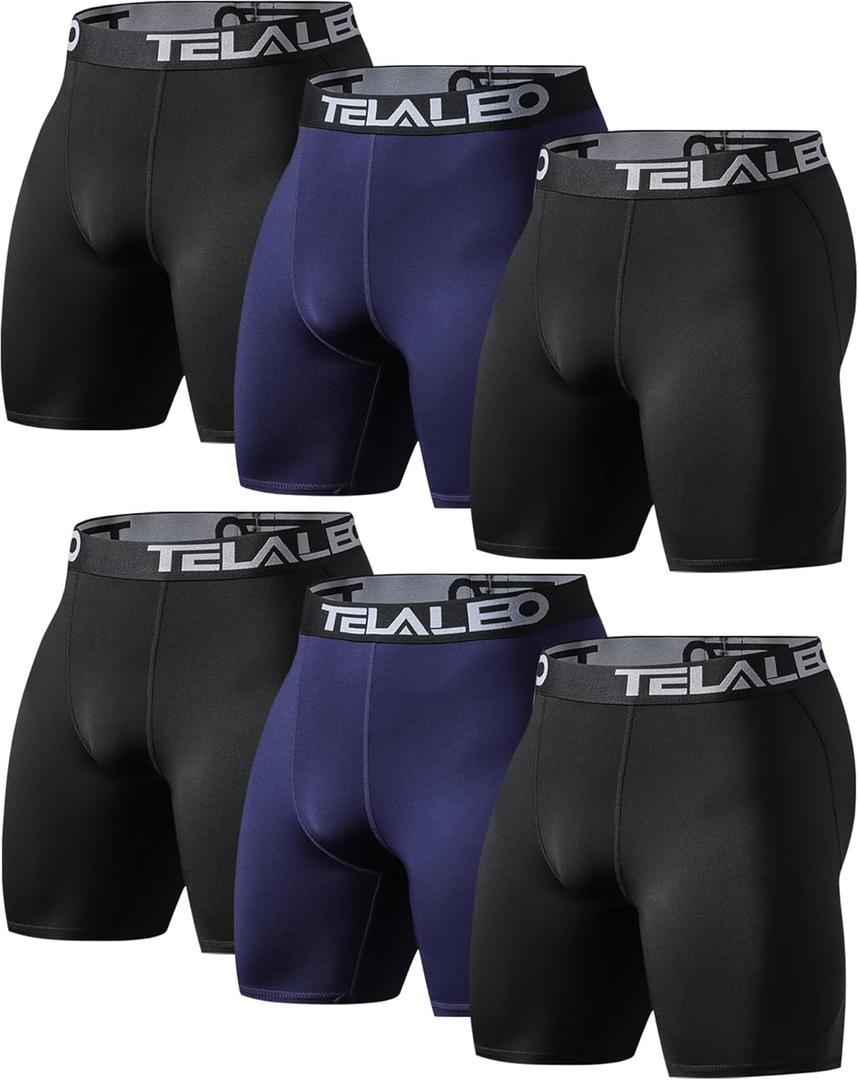 TELALEO 6 or 5 Pack Compression Shorts for Men Spandex Sport Shorts Athletic Workout Running Performance Baselayer Underwear (6 Pack Black/Navy Blue)