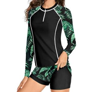 Girls Rash Guard Swimsuit 14-16 Teen Girl Bathing Suits Size 14-16 Tropical Print UPF Sun Protection Long Sleeve Swimwear + Swim Shorts 2 Piece Black