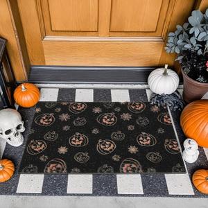 Halloween Door Mat, Halloween Pumpkin Doormat Outdoor Front Door Entrance Absorbent Entry Mat with Non Slip Backing, 17''x30'', Pumpkins Black