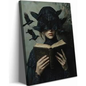Dark Academia Canvas Wall Art Gothic Victorian Woman Reading Book Wall Decor Picture Moody Dark Crow Aesthetic Poster Print for Gallery Living Room Bedroom Home Decoration 16x24in