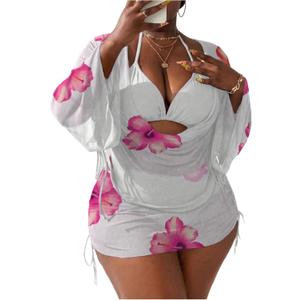 OYOANGLE Women's Plus Size 4 Piece Floral Bikini Swimsuit with Cover Up Triangle Halter Bathing Suits (White, XL)