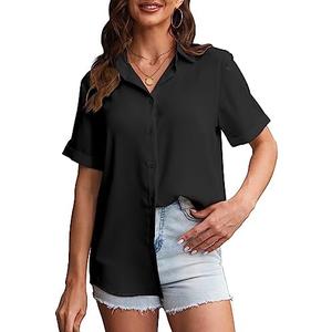 YAMANMAN Women's Button Down Shirt Short Sleeve Classic Collared Blouse Work Office Casual Chiffon Tops, Large