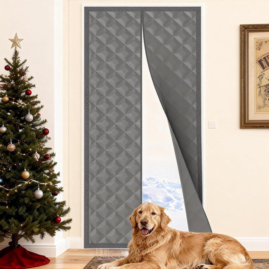 Magnetic Thermal Insulated Door Curtain Fits Door Size 36" x 82", Magnetic Thermal Cover for Winter with Weatherproof Oxford Fabric and Cotton Fiber Fill, Grey