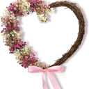 Dingion Boho Valentines Day Wreath Decorations 18 Inch Artificial Pink Heart Grapevine Wreaths for Front Door Baby's Breath Wreath for Anniversary Wedding Party Wall Window Mantel Decor