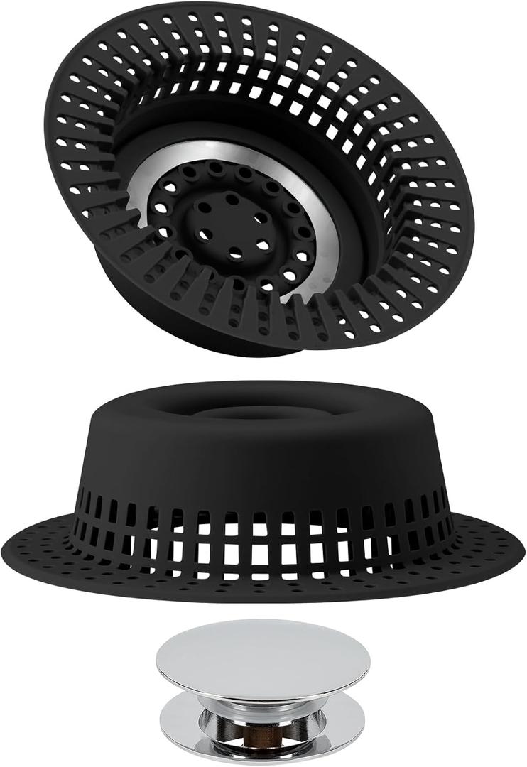 Bathtub Drain Hair Catcher, Shower Hair Drain Catcher Upgraded Protector with Silicone & Stainless Metal Designed for Pop-Up and Regular, Effective Without Slowing Drainage (Inky)