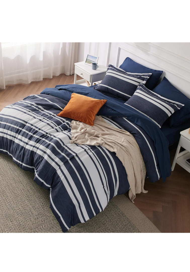Bedsure Queen Comforter Set, Blue Striped Bedding Set for All Seasons, Reversible, Cationic Dyeing Bed in a Bag with Comforter