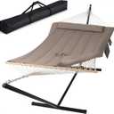 SUNCREAT Hammocks Two Person Hammock with 12ft Stand Included, Max 475lbs Capacity, Heavy Duty Free Standing Hammock, Coffee