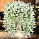 4 Pcs Look Real Artificial Flowers for Outdoors, Artificial Hanging Flowers for Outdoors, UV Resistant Fake Hanging Plants Silk Petunia Flowers for Balcony Yard Spring Decor (White)