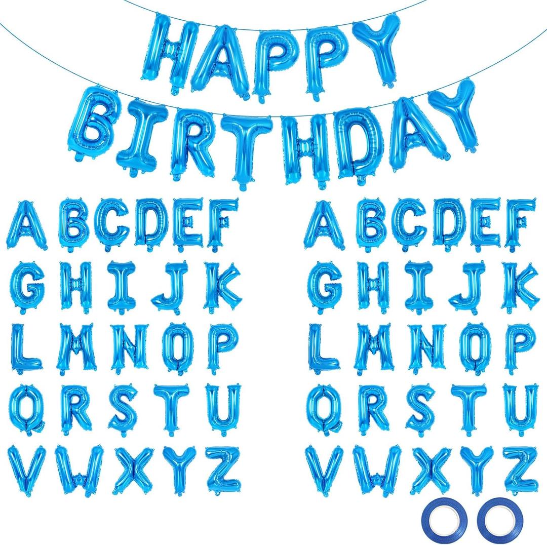 65 Pcs Blue Happy Birthday Balloons and 2 Sets A-Z Letters Foil Balloons, 16 Inch Personalized Name Happy Birthday Banners for Wedding Baby Shower Anniversary Party Decorations (Blue)