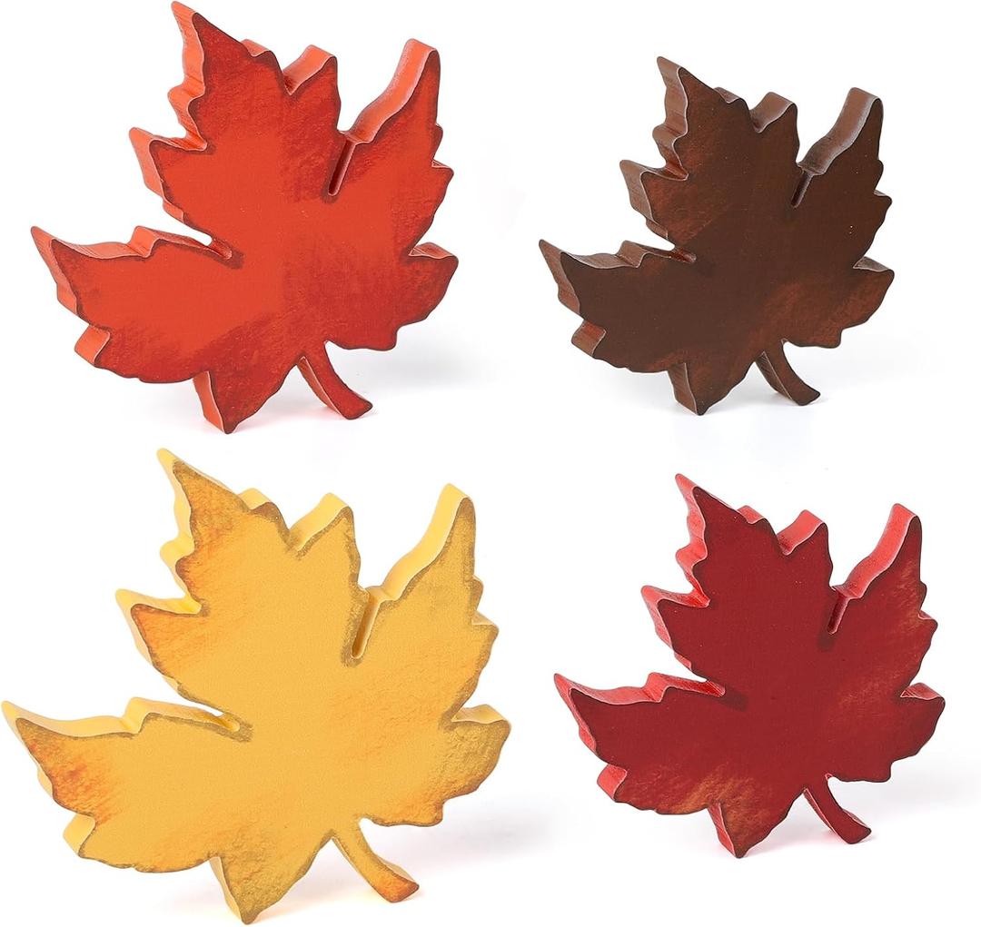 COCHIE Fall Leaves Decorations for Home Indoor, Farmhouse Thanksgiving Table Decor, Vintage Harvest Tabletop Decoration, Wooden Maple Leaf Signs Block for Tiered Tray Party Shelf Display Set of 4