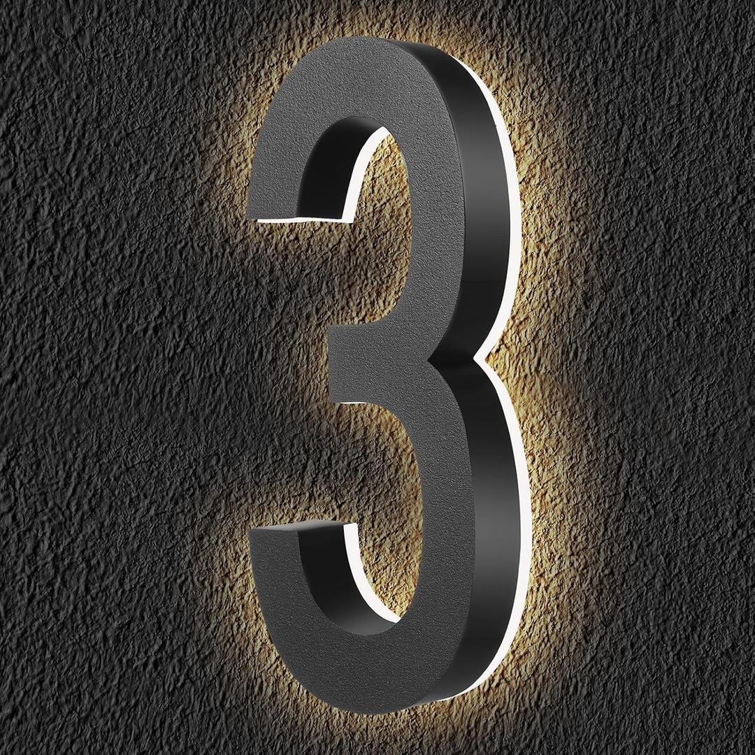 ROCEEI 6 Inch Backlit LED House Number 0-9 for Outside Stainless Steel Waterproof Home Address Number Illuminated House Modern Lighted Address Sign for Houses Restaurant 12v Dc Low Voltage(3)