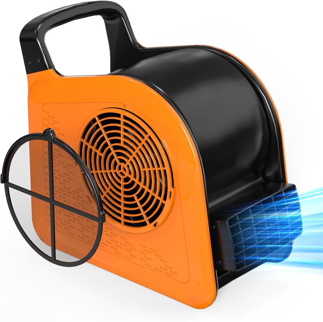 Air Mover Blower Fan, Drying Cooling Ventilating, Removable Filter Screen, 185° Rotation, 3 Adjustable Speeds, 2 AC Outlets, Portable Blower for Home, Garage, Workshop and Job Site, Orange, 12.59"D x 7.1"W x 12.6"H