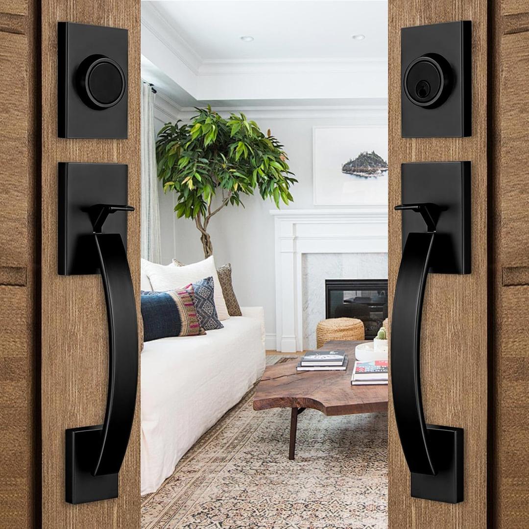 NEWBANG Exterior Double Door Lever Handleset,Solid Door Handle Lock Set (Keyed and Dummy Set) - Matte Black,MDHST2017DB-SET-BR