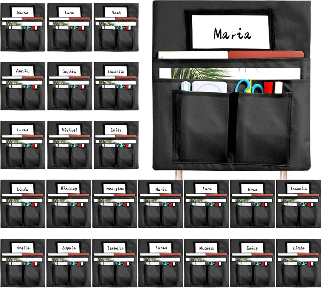 24 Pcs Chair Pockets for Classroom 13 x 14 inch Seat Sacks with Name Tag for Classroom Chairback Pocket Chart Multi Pockets K-2 Chairs Seat Back Organizer for Elementary School Home Supplies(Black)