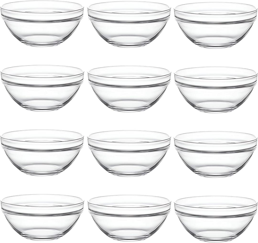 Stackable Clear Glass Pinch Bowls, 12 Pack Small Prep Dishes for Spices, Dipping Sauces, and Ice Cream Toppings - Dishwasher, Microwave, and Freezer Safe (3 Fl Oz)