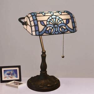 Tiffany Style Bankers Table Lamp Stained Glass Piano Desk Lamp Vintage Bedroom Bedside Lamp for Study,Antique Alloy Base,Zipper Switch,Blue Baroque