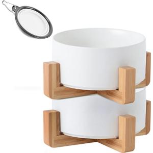 Ceramic Dog Cat Bowl Set with Stand, Pet Dog Food and Water Dish,Medium Pet Bowls Anti Slip Set of 2 Cat Bowls-White Pet Food Bowl- Small Medium Size Pet (28 OZ /3.6 Cups)