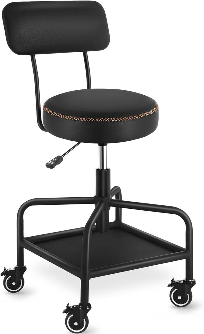Shop Stool with Lockable Rubber Wheels Adjustable Backrest Tool Tray Storage 400 lb Capacity Rolling Garage Stool (Black)