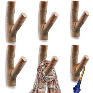 DEAYOU 6 Pack Wood Wall Hooks, Tree Branch Real Wooden Hooks for Hanging, Adhesive Farmhouse Rustic Hat Coat Hooks Wall Stickers for Towels, Bags, Scarves, Keys, Decoration (Width 0.8"-1.2")