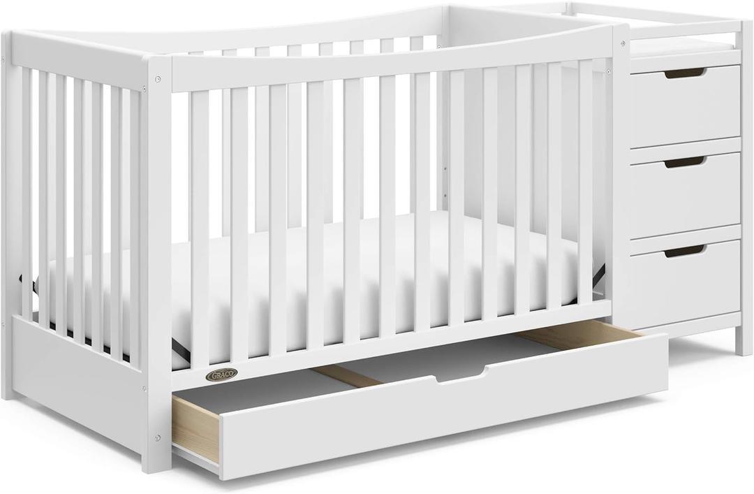 Graco Remi 4-in-1 Convertible Crib & Changer (White) - with Graco Premium Foam Crib & Toddler Mattress