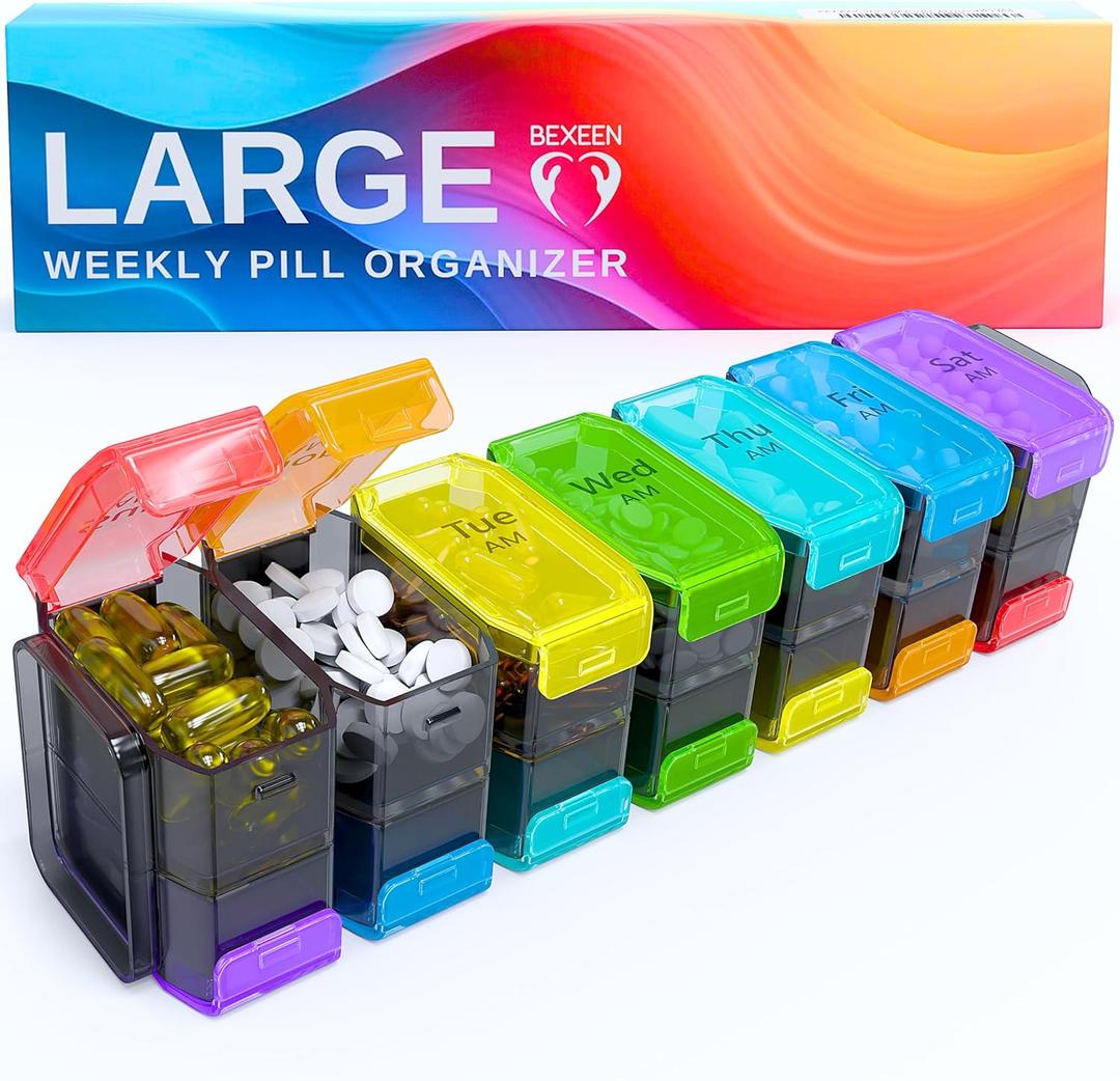 Extra Large Pill Organizer 2 Times a Day  XL Pill Box 7 Day with Big AM/PM Compartments  Fits Large Vitamins, Supplements & Gummies, for 7 or 14-Day Use, Color-Coded, Senior-Friendly, No Spills