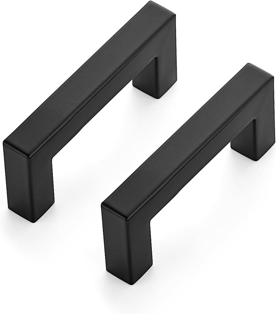 5 Pack Matte Black Cabinet Pulls, 3 Inch (76 mm) Hole Center Cabinet Handles, Square Kitchen Hardware for Doors, Drawers & Cupboards, Black Stainless Steel, 3.5 Inch Overall Length