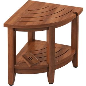 18" Teak Corner Shower Stool, Inside Shower Stool with Storage Shelf, Waterproof Teak Stool for Shaving Legs and to Sit On, 2-Tier Shower Stool,Adjustable Feet, Non-Slip, Brown