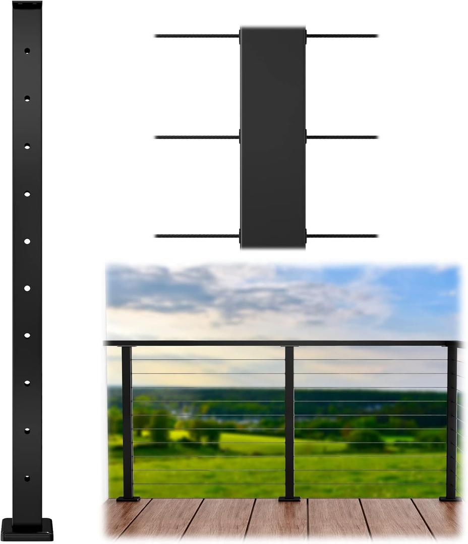 Muzata Black Cable Railing Post 36 Inch 36"x2"x2" Level Drilled Surface Mount T304 Stainless Steel Cable Railing System Kit Indoor Outdoor with Paper User Guide PS02 BH4S