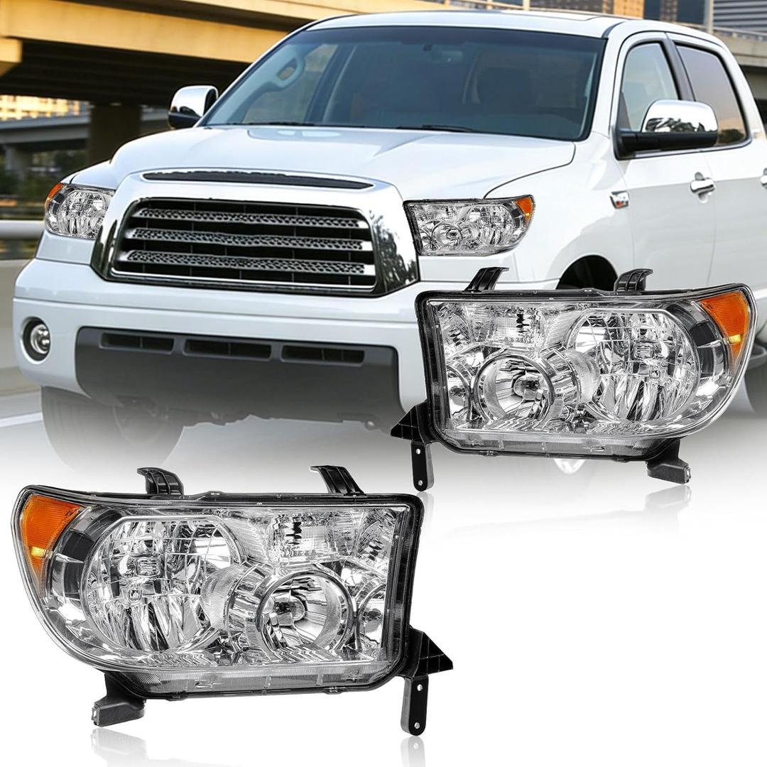 Headlight Assembly, Headlights Kit Compatible with 2007-2013 Toyota Tundra/2008-2017 Sequoia Replacement Headlamp Chrome Housing Amber Reflector