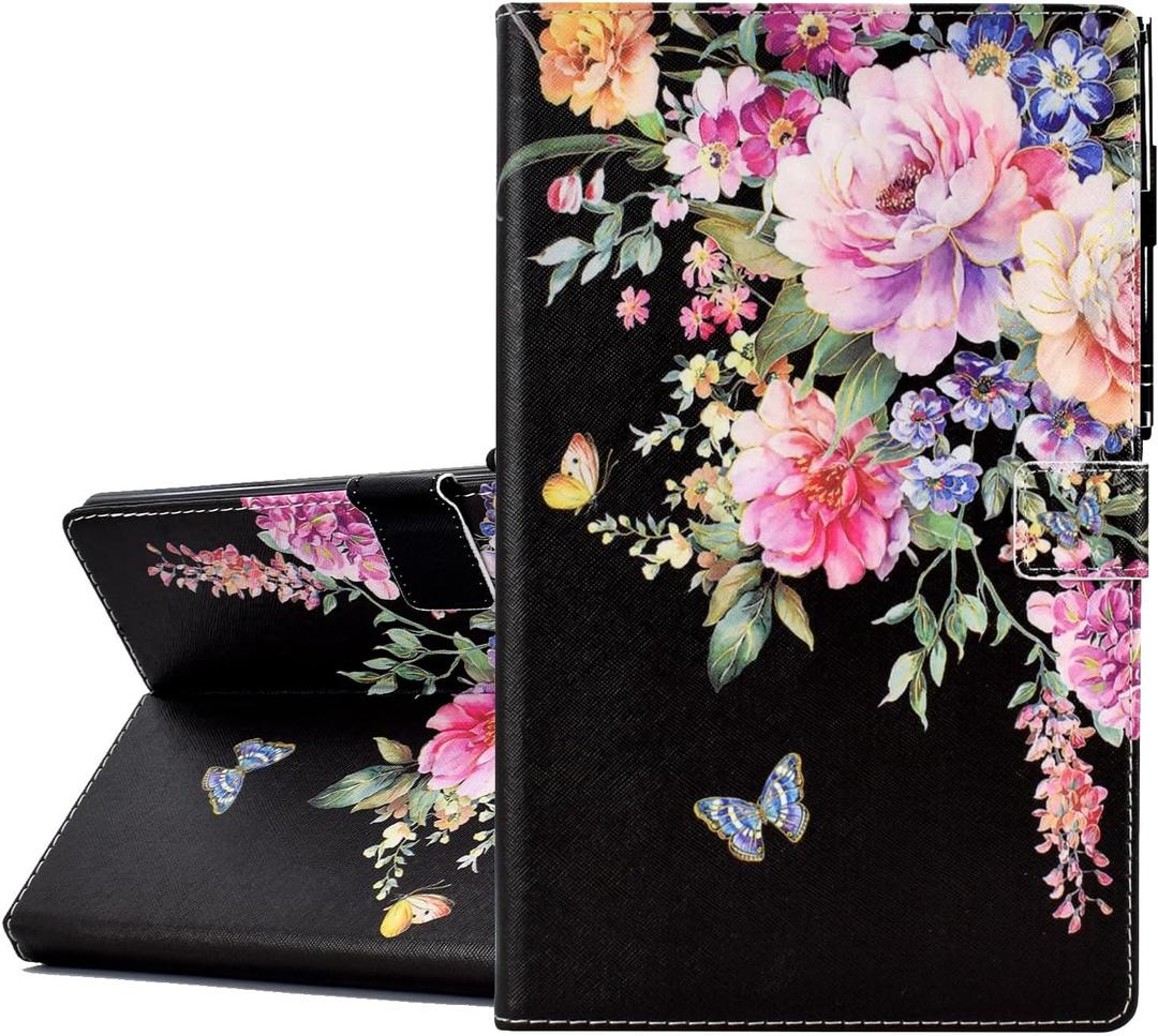 KEROM Fire HD 10 Tablet Case (9th/7th/5th Generation, 2019/2017/2015 Release), PU Leather Folio Stand Protective Cover Case with Auto Wake/Sleep, Card Slot, Pen Holder - Flowers