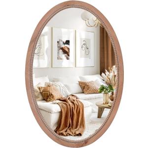 sawsile Oval Wood Mirror,20x30 inch Rustic Farmhouse Natural Wooden Frame Boho Beads Wall Mirror for Bathroom,Living Room,Bedroom or Entryway