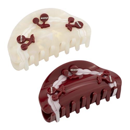 COZYISLE 2 Pack Handmade Burgundy & Cream Acetate Claw Clips with Cherry Accents, Cute Cherry Hair Clips for Women, Sturdy Claw Clips for Thick Hair
